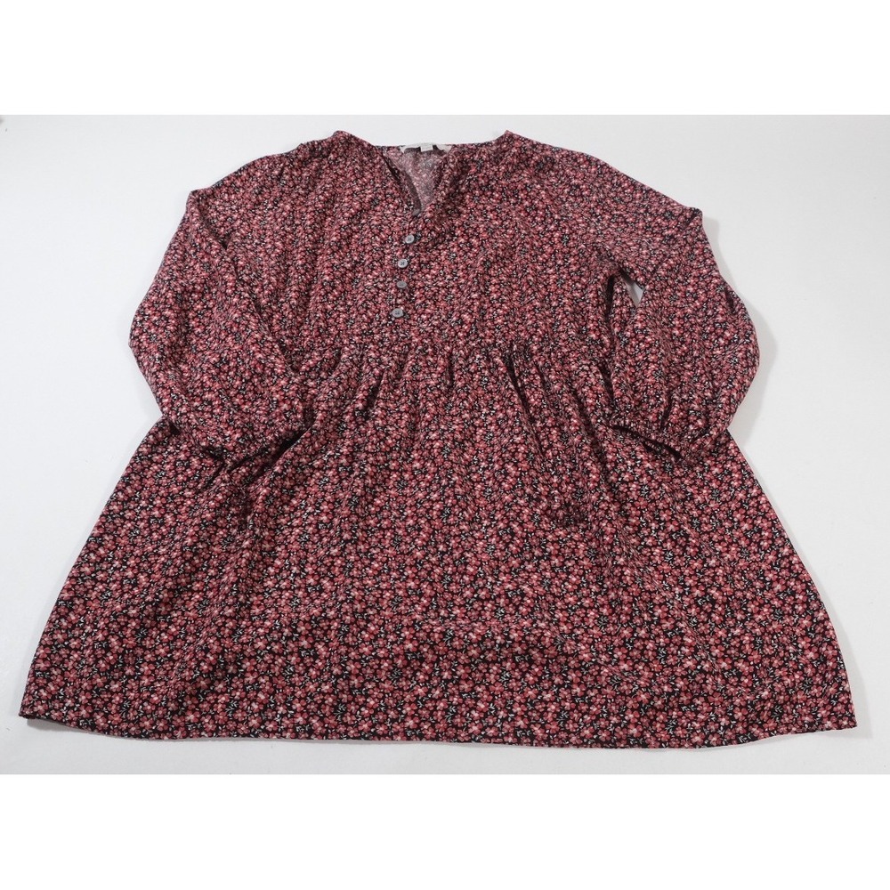 Loft Tunic Women MP Red Floral Babydoll Long Sleeve V-Neck Rayon Petite‎ Top